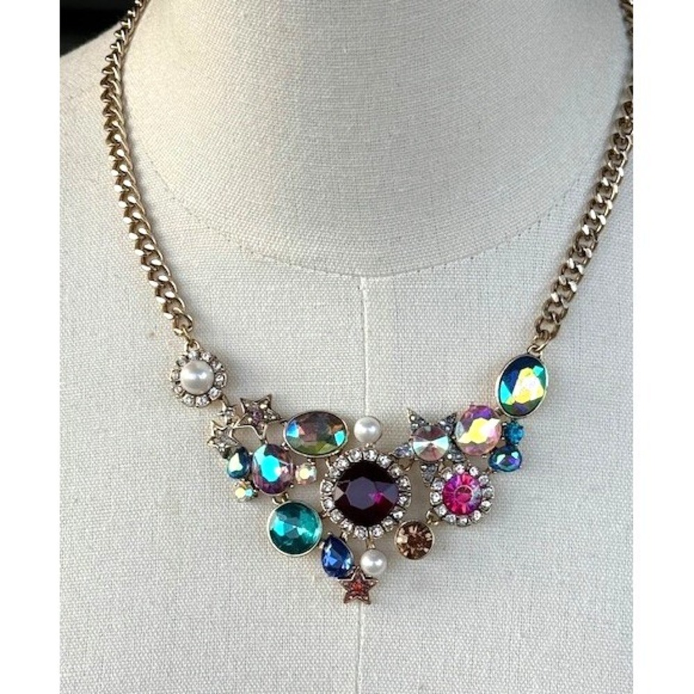 Betsey Johnson Gold Tone‎ Multicolor Rhinestone Bib Statement Necklace